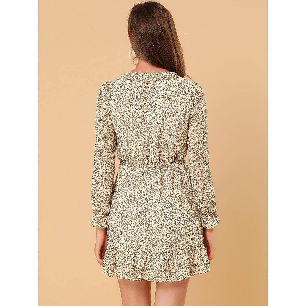 Женские платья INSPIRE CHIC Women's Ruffle Neck Elastic Waist Button Front Puff Sleeve Floral Dress Apricot Medium — фото 5