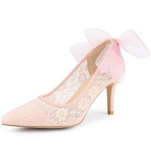 Perphy Women's Pointed Toe Breathable Lace Back Bow Decor Stiletto Heel Pumps - 1 of 4