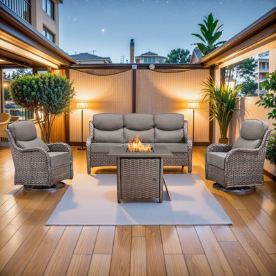 4 Piece Patio Furniture Set with Fire Pit Table, 2 x Swivel Rocker Chair, 1 x 3-Seat Sofa, 5 Seats Outdoor Conversation Set for Lawn Garden Backyard