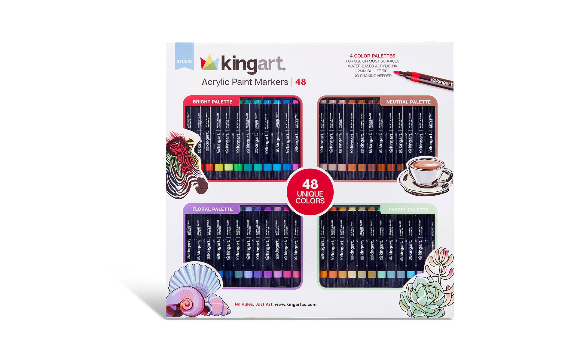 KINGART Acrylic Paint Markers Variety Set – 48 Colors, 2mm Bullet Tip, Water-Based, Multi-Surface