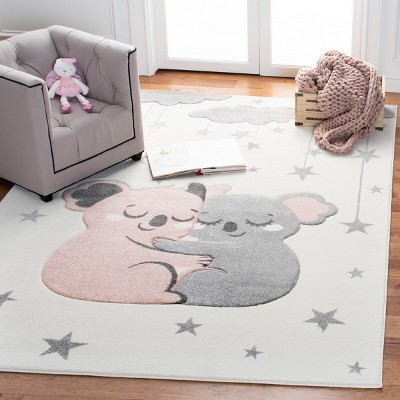 Ivory and Pink Hand-knotted Synthetic Kids Area Rug