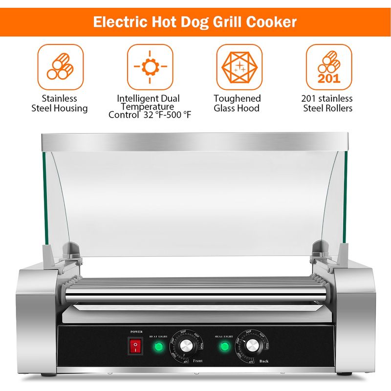 Costway Commercial 18 Hot Dog Hotdog 7 Roller Grill Cooker Machine w/ Cover, 5 of 11