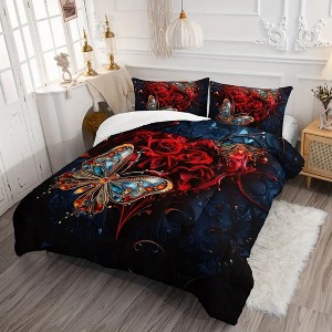 Acoinel 3 Pcs Butterfly and Rose Comforter Set with 2 Pillowcases - 1 of 4