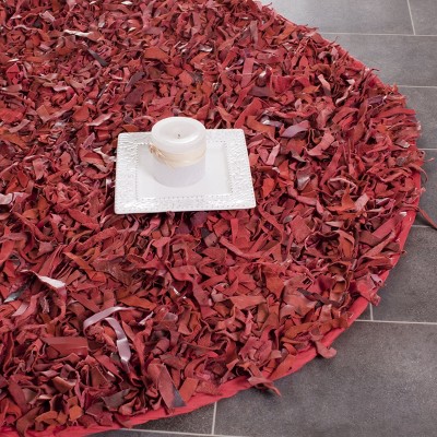 Red Round Hand-Knotted Leather Shag Area Rug