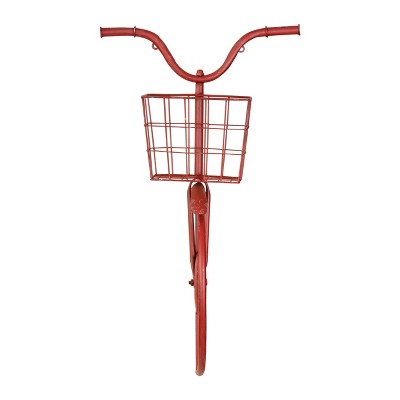 17.3" x 8.2" Distressed Iron Bike Shaped Wall Decor with Basket Red - 3R Studios