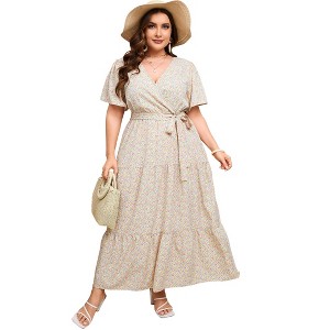 BLUEMING Plus Size Womens Dresses Floral Surplice A-Line Maxi Dress Waist Belted Floral Maxi Dress Wasit Tie Bell Sleeve Dress - 1 of 4