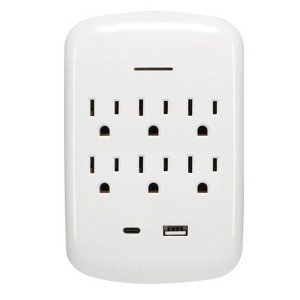Prime Wire and Cable 6-Outlet Surge Protector Wall Tap with USB-C® and USB-A Charging Outlets in White - 1 of 4