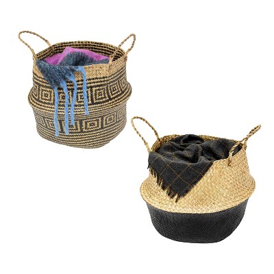 Modern Round Seagrass Folding Storage Baskets, Black & Natural