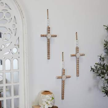 Set of 3 Wood Biblical Carved Beaded Crosses Wall Decors with Rope Hanger Light Brown - Olivia & May