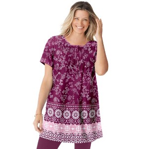 Woman Within Short-Sleeve Pintucked Henley Tunic - 1 of 4