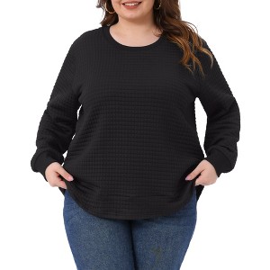 Agnes Orinda Women's Plus Size Texture Waffle Knit Crew Neck Long Sleeve Curved Hem Casual Pullover Sweatshirt - 1 of 4