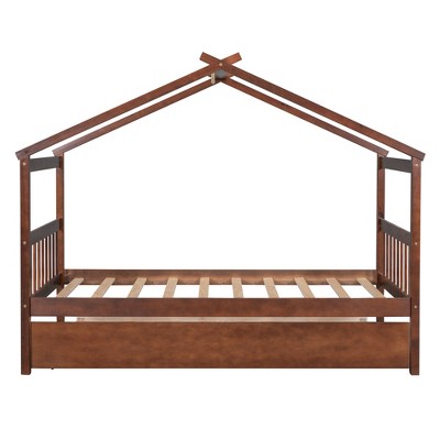 Bellemave Twin Wooden House Bed Frame with Roof, Playhouse Bed with Trundle,Walnut