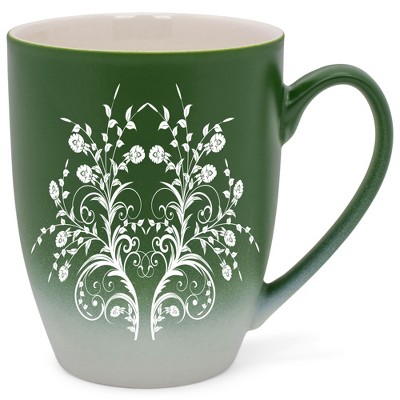 Elanze Designs Damask Floral Mirror Two Toned Ombre Matte Green and White 12 ounce Ceramic Stoneware Coffee Cup Mug