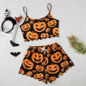 Clotth Halloween Pajamas Women - Cute Print Lettuce Trim Cami and High Waist Shorts Nightwear Set, Funny Sleepwear, Black with Pumpkin Print - 1 of 4