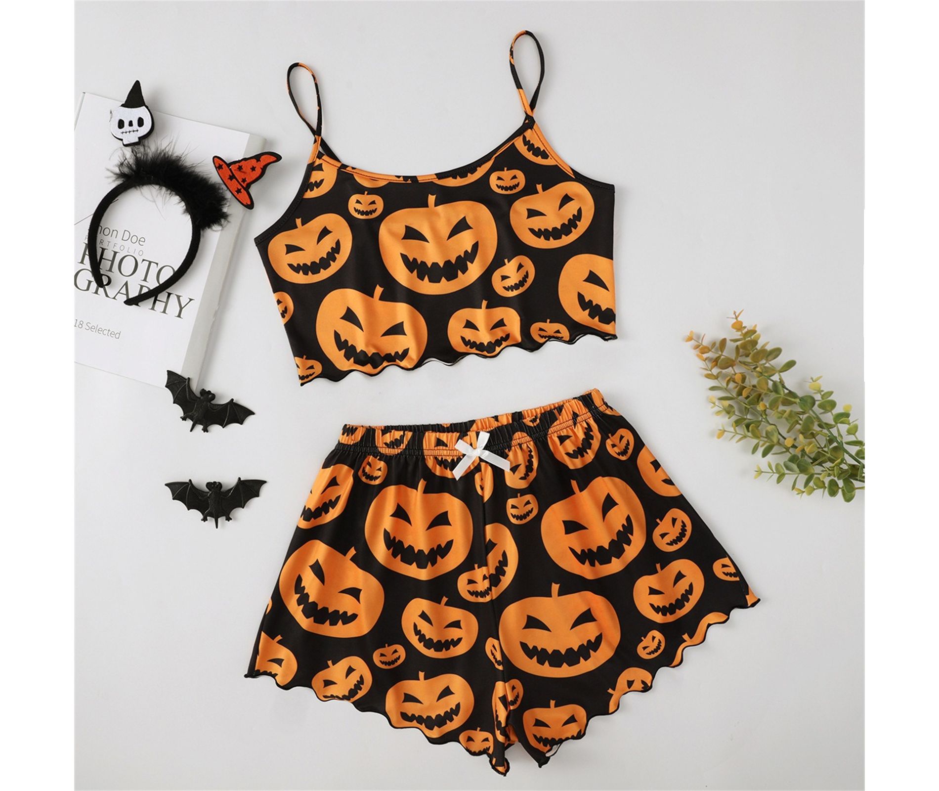 Clotth Halloween Pajamas Women - Cute Print Lettuce Trim Cami and High Waist Shorts Nightwear Set, Funny Sleepwear, Black with Pumpkin Print - M