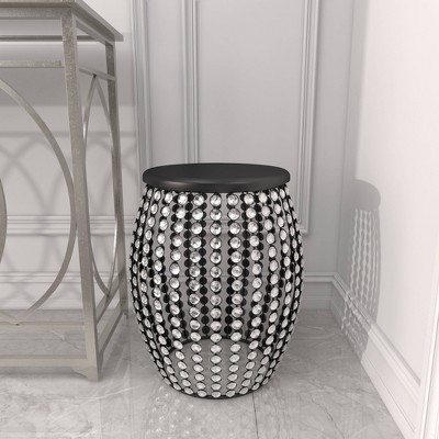 Glam Black Iron and Wood Round Accent Table with Crystal Embellishments