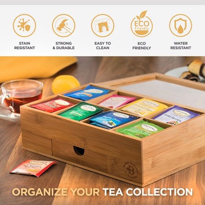 Natural Bamboo Tea Bag Organizer with Acrylic Window and Drawer
