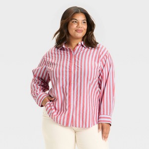 Women's Oversized Long Sleeve Collared Button-Front Shirt - Universal Thread™ Red Striped - 1 of 3