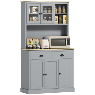 HOMCOM Freestanding Kitchen Cabinet with Wide Countertop, Tall Pantry Cabinet with Adjustable Shelves, Modern Hutch for Dining Room, Gray