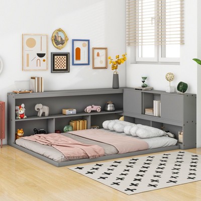 CAVINAS Full Size Wood Montessori Bed,Modern Floor Bed with L-Shaped Bookcases and Sliding Doors,Toddler Bed for Bedroom