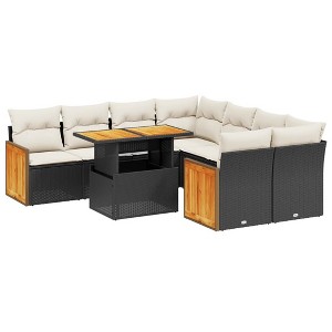 vidaXL 9 Piece Patio Sofa Set with Cushions Black and Cream Poly Rattan - without storage - 1 of 4