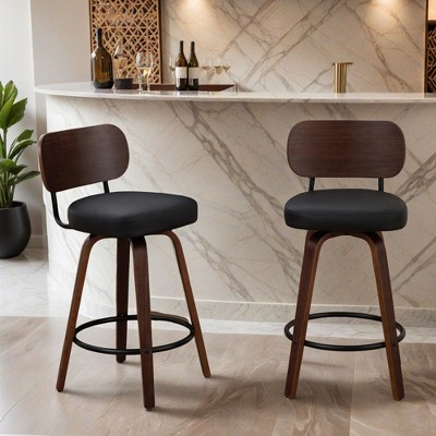 Swivel Bar Stools Set of 2, 26" Upholstered Faux Leather Counter Height Barstools with Walnut Back & Bentwood Legs - Leovsnove