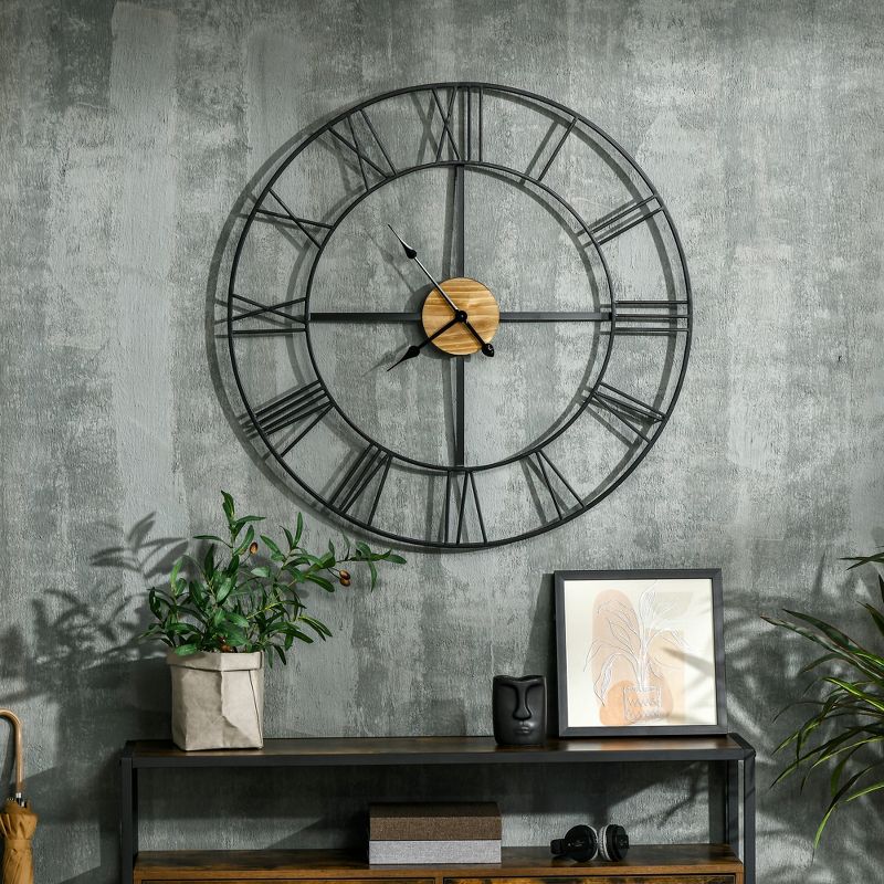 HOMCOM 36 Inch Large Wall Clock, Silent Non Ticking Wood Metal Farmhouse Roman Numeral Clocks for Living Room Decor, Battery Operated, Black, 3 of 7