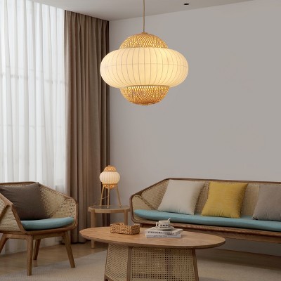 Large Bohemian Bamboo and Silk Pendant Light with Aluminum Body