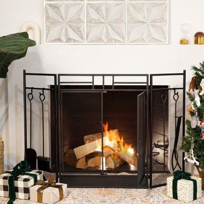 3 Panel Wrought Iron Fireplace Screen Fire Spark Guard Hinged Doors W/ 4 Tools