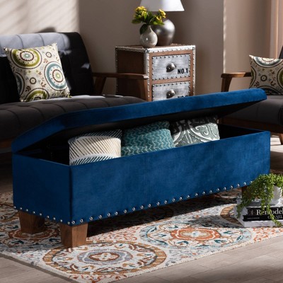 Elegant Navy Blue Velvet Tufted Storage Ottoman Bench with Silver Accents