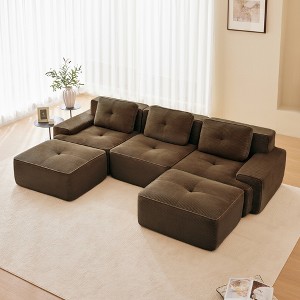 117" Corduroy U-Shaped Modular Sectional Sofa with Movable Ottoman, Pearl-Like Piping, Tufted Design, and No Assembly - 1 of 4