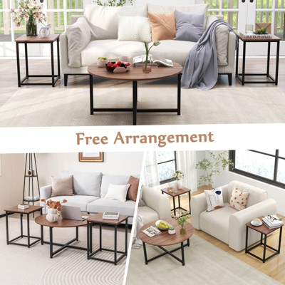 Walnut and Black 3-Piece Coffee Table Set with Metal Frame