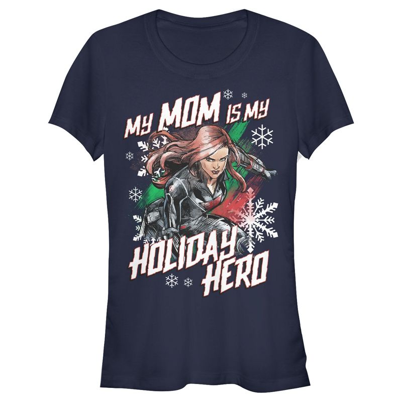 Juniors Womens Marvel Black Widow Mom Holiday Hero T-Shirt, 1 of 4