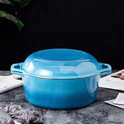 Blue Enameled Cast Iron Dutch Oven with Skillet Lid, 7 Quart