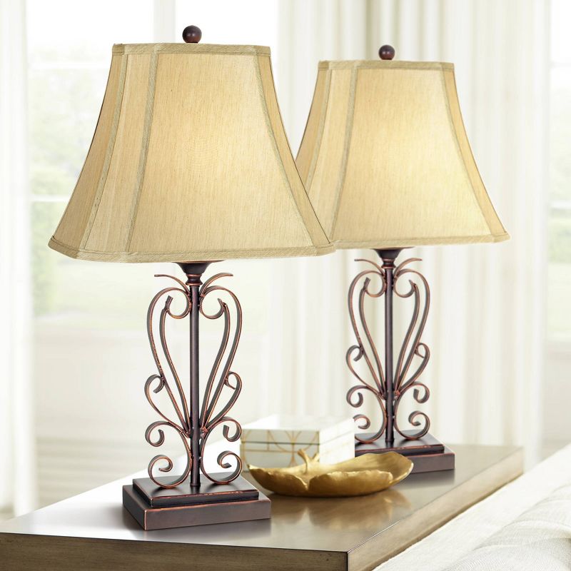 Franklin Iron Works Traditional Table Lamps 26.5" High Set of 2 Iron Bronze Scroll Faux Silk Rectangle Shade for Living Room Family Bedroom, 2 of 10