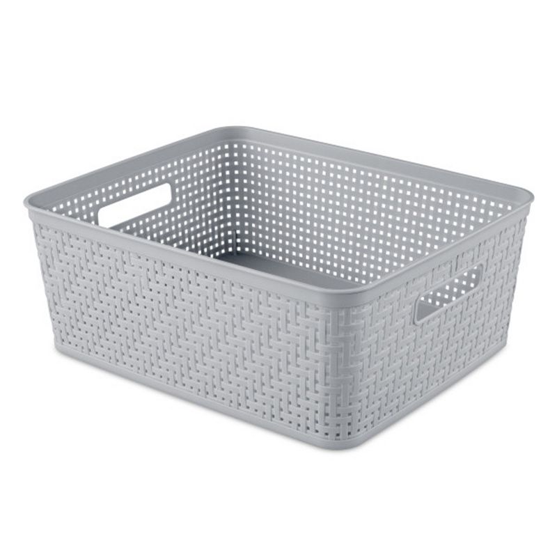 Sterilite 14'' x 11.5'' x 5'' Rectangular Weave Pattern Short Basket with Handles for Bathroom, Laundry Room, Pantry, & Closet, Cement (6 Pack), 5 of 7