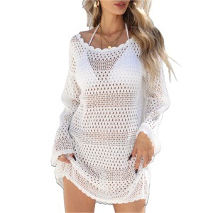 Women Crochet Beach Cover Ups Dress Wavy Trim Semi Sheer Eyelet Knit Sweater Cover Ups for Bikini Loose Fit Summer Lace Cover Up Beach Dress - 1 of 4