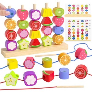 Wooden Fruit Stacking Toy Set with Lacing Beads and Shape Sorter, STEM Activity for Ages 3-5 - 1 of 4