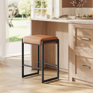 EKHO Mid-Century Modern Bar Stool - 26 Inch Counter Height, Synthetic Leather with Decorative Stitching, Sturdy Metal Frame, Caramel Brown - 1 of 4