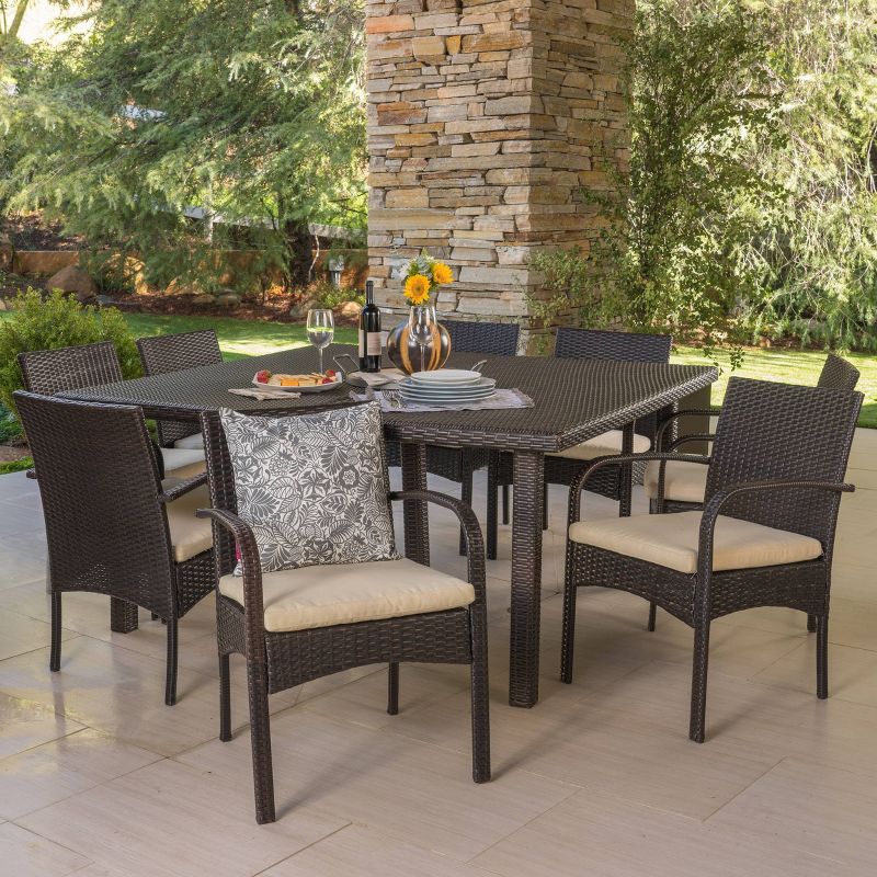 Chadney 9pc Wicker Dining Set - Brown/Cream - Christopher Knight Home, 1 of 7