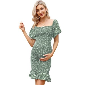 Square Neck Full Body Lotus Leaf Sleeve Maternity Dress - 1 of 1