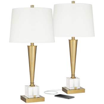 Possini Euro Design Wayne Modern Table Lamps 29 1/4" Tall Set of 2 Brass with USB Charging Port White Fabric Drum Shade for Bedroom Living Room Kids