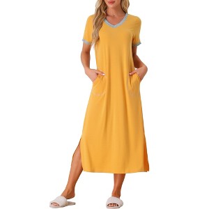 cheibear Women's V Neck Short Sleeves with Pockets Slit Long Nightgown - 1 of 4