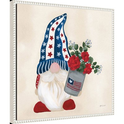 Patriotic Gnome with Red Flowers Canvas Art Print in White Frame
