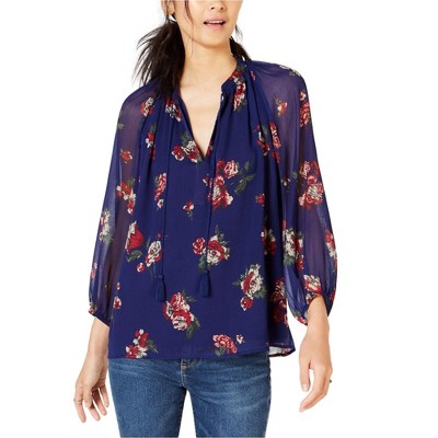 Lucky Brand Womens Floral Print Peasant Blouse