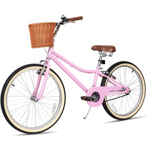 Hykolity Kids Bike 24 Inch for 8-14 Years Old Girls Bicycle with Basket and Kickstand, Tween Retro Style Childrens Bike for Teen Girls, Pink - 1 of 4