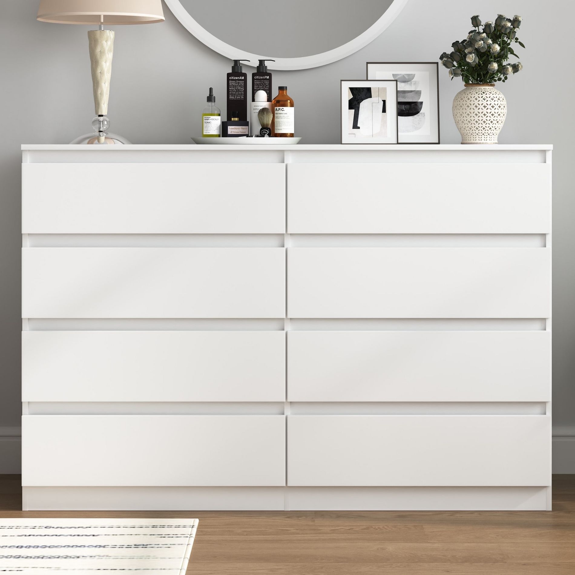 Resenkos Mid Century Modern 8 Drawer Dresser for Bedroom with Hidden Handle White
