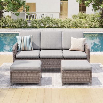 Sonkuki 3 Pieces Outdoor Patio Furniture Sets, Rattan Sofa with Ottoman Wicker Set for Backyard Porch, Garden, Poolside, Balcony