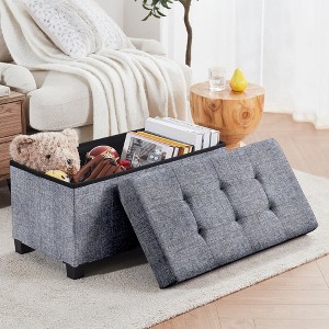 Ornavo Home Foldable Tufted 30 Inch Linen Bench Storage Ottoman with Legs for Bedroom, Entryway and Living Room - 1 of 4