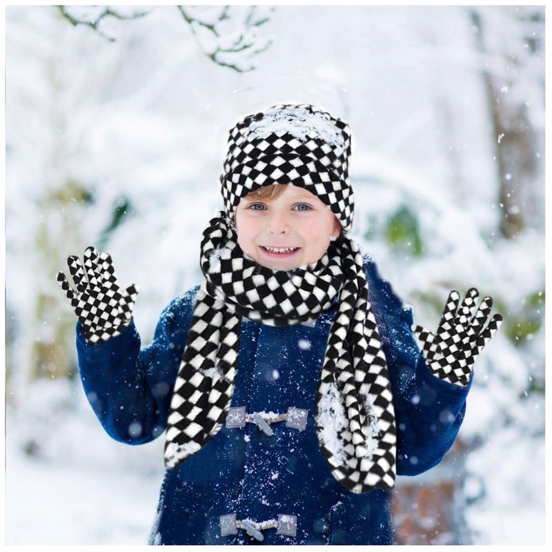 Girl's 6-12 Black And White Checkered Fleece 3-Piece gloves scarf Hat Winter Set, 3 of 4